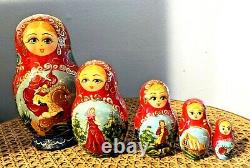 Matryoshka Nesting Doll Hand Painted Signed red Russian 5 Piece