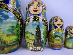 Matryoshka Nesting Dolls 8.5 7 Pc, Moscow Monuments Blue Set Russian 974