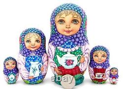 Matryoshka Nesting Russian Dolls SOKIRKINA Tea Drinking Babushka 5 Girls MATT