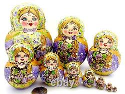 Matryoshka Nesting Russian dolls Pyrography BIG GOLD LILAC 10 MAMAYEVA