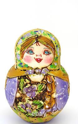 Matryoshka Nesting Russian dolls Pyrography BIG GOLD LILAC 10 MAMAYEVA