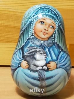 Matryoshka Roly Poly Musical Bell Girl blue Outfit Rabbit Doll Wooden