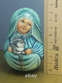 Matryoshka Roly Poly Musical Bell Girl blue Outfit Rabbit Doll Wooden
