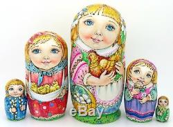 Matryoshka Russian Dolls 5 PYROGRAPHY EASTER Girls Chicken GENUINE CHMELEVA GIFT