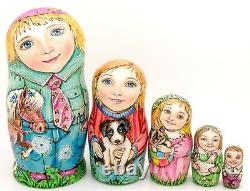Matryoshka Russian Nesting Dolls 5 CHMELEVA HAND PAINTED BOY Children Horse Dog