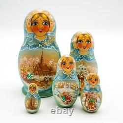 Matryoshka Russian Nesting Dolls 5-Piece Winter Troika Scene Signed By Semenova