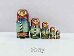 Matryoshka Russian Nesting Dolls Hand Painted Lighthouse North Carolina Set Of 5