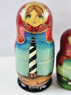 Matryoshka Russian Nesting Dolls Hand Painted Lighthouse North Carolina Set Of 5