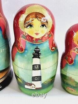 Matryoshka Russian Nesting Dolls Hand Painted Lighthouse North Carolina Set Of 5