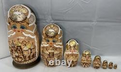 Matryoshka Russian Nesting Dolls Set Of 8 Wood Burned Gold 10 Signed