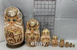 Matryoshka Russian Nesting Dolls Set Of 8 Wood Burned Gold 10 Signed