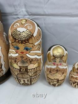 Matryoshka Russian Nesting Dolls Set Of 8 Wood Burned Gold 10 Signed