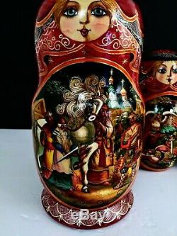 Matryoshka Russian Stacking Doll Wood Signed 10 Pc Fairy Tale Story Older 10 1/2