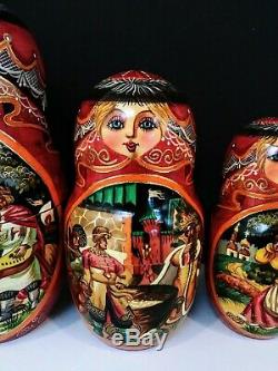 Matryoshka Russian Stacking Doll Wood Signed 10 Pc Fairy Tale Story Older 10 1/2