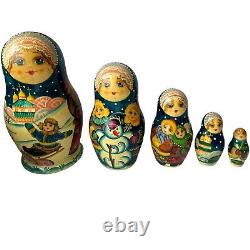 Matryoshka Russian Village Winter Signed Nesting Doll 5-Piece Vintage Wooden Toy