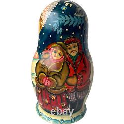Matryoshka Russian Village Winter Signed Nesting Doll 5-Piece Vintage Wooden Toy