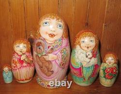 Matryoshka Russian nesting dolls ANGELS GIRLS hand painted 5 signed Pokrovskaya