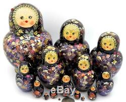 Matryoshka Russian nesting dolls BLACK PURPLE BIG 15 HAND PAINTED signed CHAMOVA