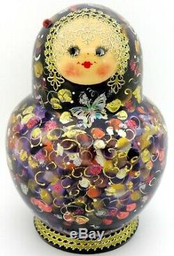 Matryoshka Russian nesting dolls BLACK PURPLE BIG 15 HAND PAINTED signed CHAMOVA