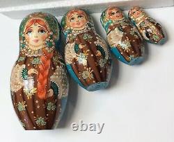 Mockba Russian Nesting Babushka Dolls Set Of 5 Signed Hand Painted Green Crown