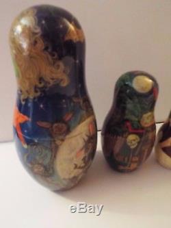 NEW-5 pc matryoshka russian art nesting dolls-baba yaga-witch-signed-halloween