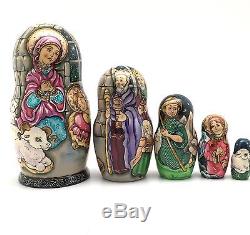 Nativity Russian Nesting Doll 5 piece set Hand Carved Hand Painted
