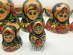 Nesting 9 Dolls Russian Hand Painted Black Red Head Blue Eye Girl Floral Flowers