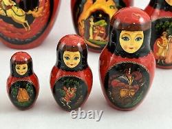 Nesting Doll 10 Piece Set Fairy Tale, 9 Tall, Signed, Russian 1996, Red & Black