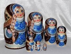 Nesting Doll 7 piece Matryoshka Russian Babushka wooden hand painted Blue