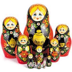 Nesting Doll Matryoshka Hand Painted Russian Doll Hohloma Samovar Red Black 8