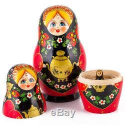 Nesting Doll Matryoshka Hand Painted Russian Doll Hohloma Samovar Red Black 8