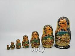 Nesting Doll Matryoshka Handpainted 7 pc set from Russia signed 7 3/4 tall