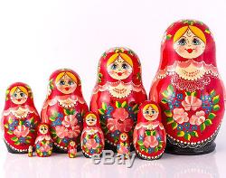 Nesting Doll Wooden Matryoshka Russian Doll Hand Painted Red With Flowers