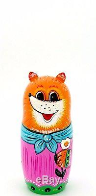 Nesting Dolls Matryoshka Russian Genuine 5 Fairy tale TEREMOK Bear Fox Rabbit