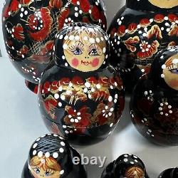 Nesting Dolls Matryoshka Wood Black w Red & Gold Flowers 12 Pieces