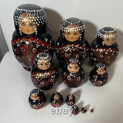 Nesting Dolls Matryoshka Wood Black w Red & Gold Flowers 12 Pieces