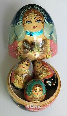 Nesting Russian Doll Matryoshka Babushka Doll Beauty Girl Cat Baby Dolls Signed