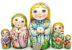 Nesting Russian Dolls Matryoshka Babushka 5 PYROGRAPHY Girls CHMELEVA
