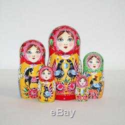 Nesting dolls Gorodets painting traditional russian matryoshka babushka handmade