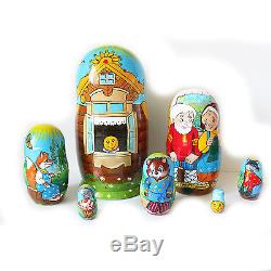 Nesting dolls Russian fairy tale Kolobok. Signed Hand-painted matryoshka 8/21cm