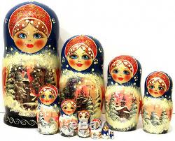 Nesting dolls Snow 10 pcs 10 handmade collectible russian matryoshka m290