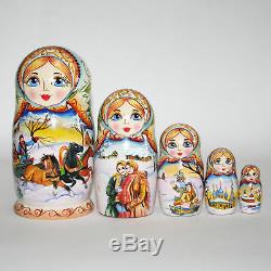 Nesting dolls Three horses Winter landscape Russian village Hand Painted signed