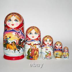 Nesting dolls Three horses Winter landscape Russian village Hand-Painted signed