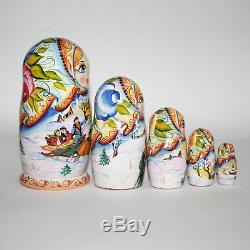 Nesting dolls Three horses Winter landscape Russian village Hand Painted signed