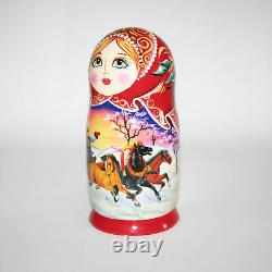 Nesting dolls Three horses Winter landscape Russian village Hand-Painted signed