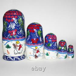 Nesting dolls Three horses Winter landscape Russian village signed Hand Painted