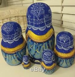 New Russian Author's Nesting Dolls Matryoshka 5 Pc Hand Painted High Gloss