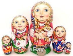 ORIGINAL CHMELEVA MATRYOSHKA Russian nesting dolls 5 Cute Girls & Cat UNIQUE ART