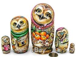 ORIGINAL Russian nesting dolls 5 BABUSHKA OWL FAMILY MATRYOSHKA signed CHMELEVA