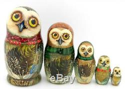 OWL BIRDS Matryoshka Russian 5 small nesting dolls OWLS Babushka signed Petrova